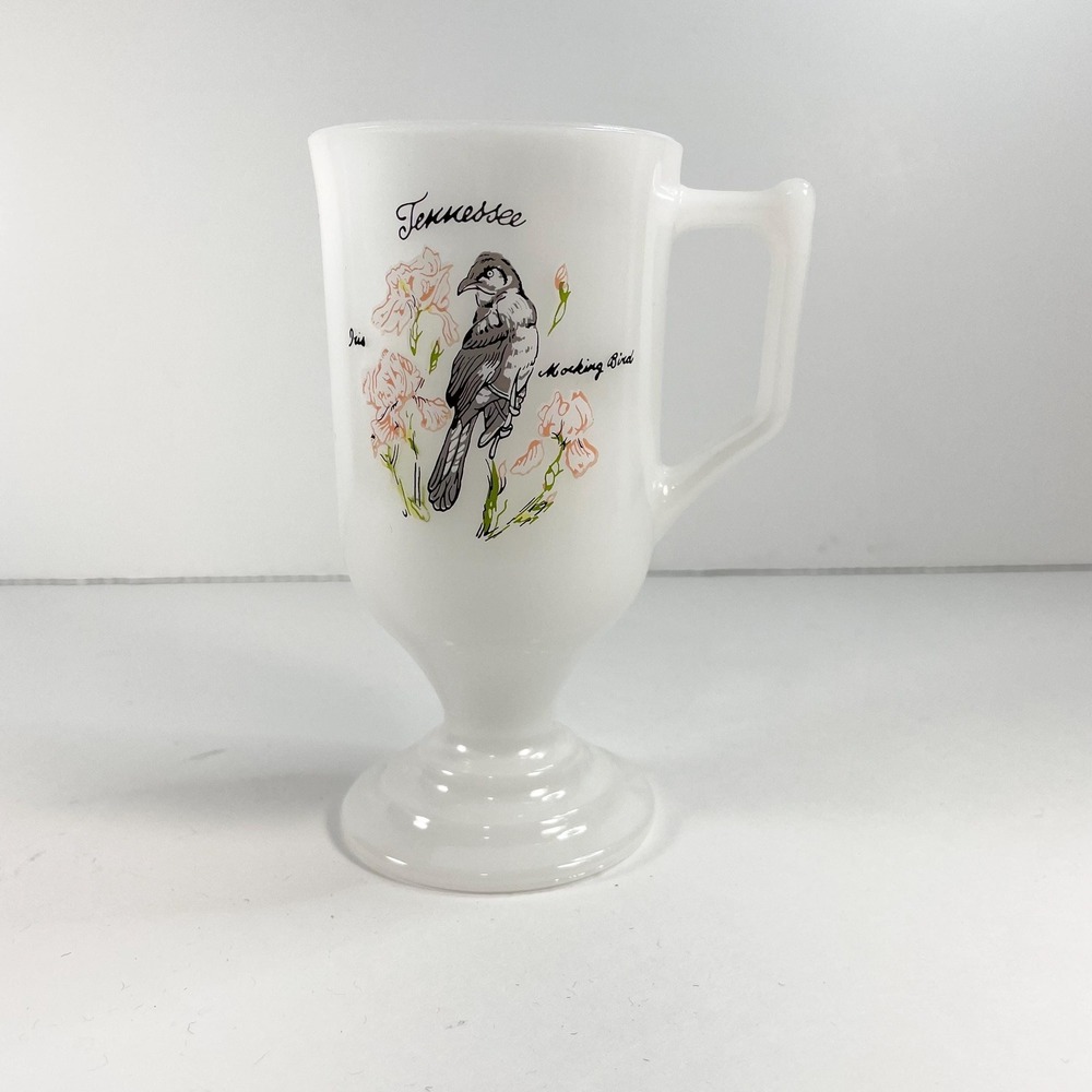 Vintage Footed Milk Glass Souvenir Cup Tennessee Mocking Bird Iris